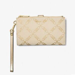 Michael Kors Adele Metallic Gold Empire Logo Jacquard Smartphone Wallet NEW